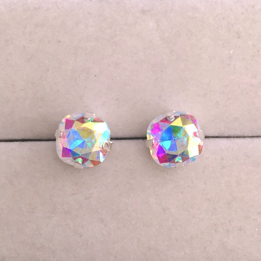 Aurora Borealis + Silver Cushion Cut Crystal Earrings